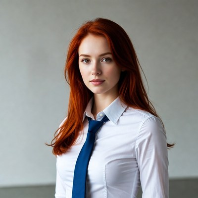 Redhead woman in white shirt and blue tie