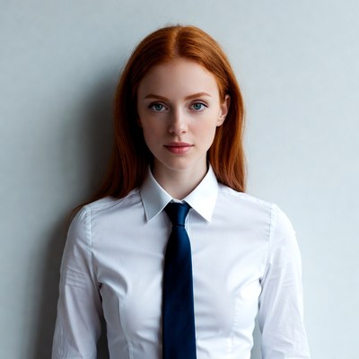 Redhead woman in white shirt and tie