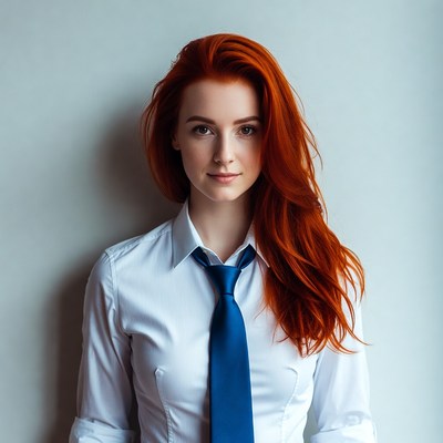 Redhead woman in white shirt and blue tie