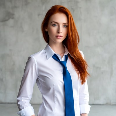 Redhead woman in white shirt and blue tie