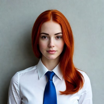 Redhead woman in white shirt and blue tie