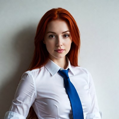 Redhead woman in white shirt and blue tie