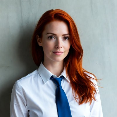 Redhead woman in white shirt and blue tie