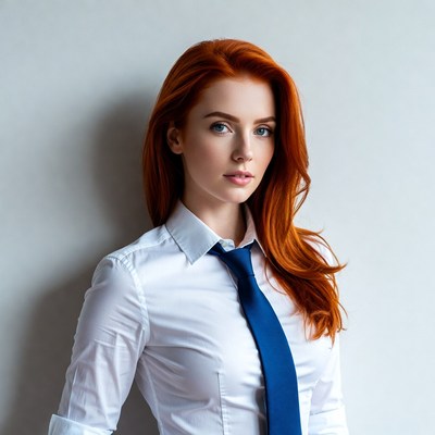 Redhead woman in white shirt and blue tie