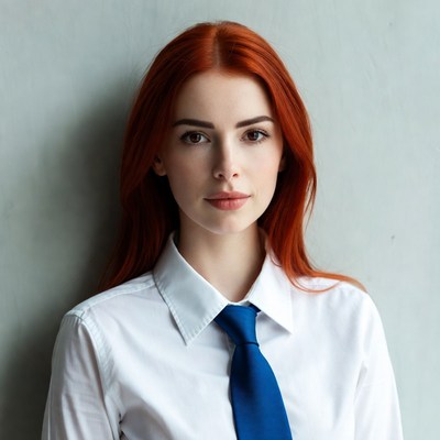 Redhead woman in white shirt and blue tie