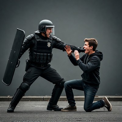Riot Police Officer Confronting Kneeling Man