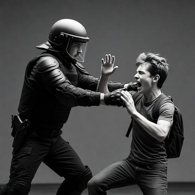 Riot Police Officer Restraining Young Man