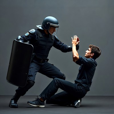 Police Officer Confronting Kneeling Man