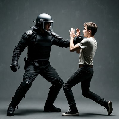 Riot Police Officer Confronting Young Man