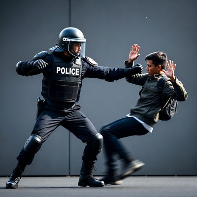 Police Officer Kicking Young Man