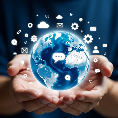 Hands Holding Glowing Earth with Digital Icons