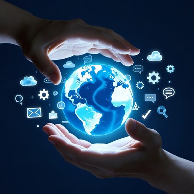 Hands Holding Glowing Earth with Digital Icons