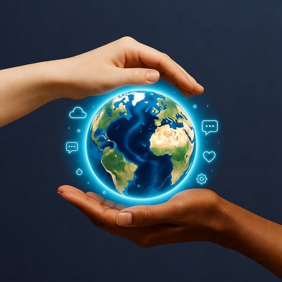 Hands Protecting Earth with Digital Icons