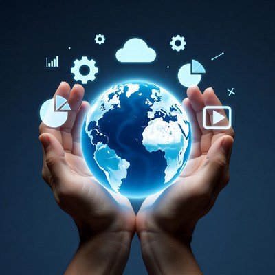 Hands Holding Glowing Earth with Icons