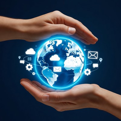 Hands Holding Glowing Earth with Digital Icons