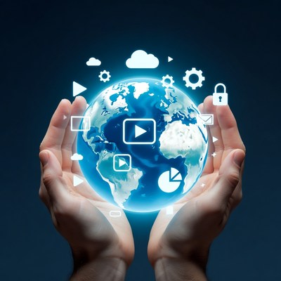 Hands Holding Glowing Earth with Digital Icons