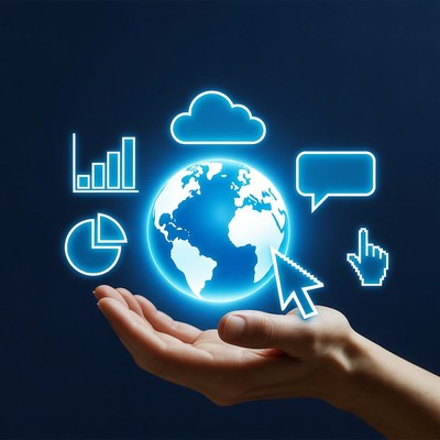 Hand Holding Glowing Globe with Tech Icons