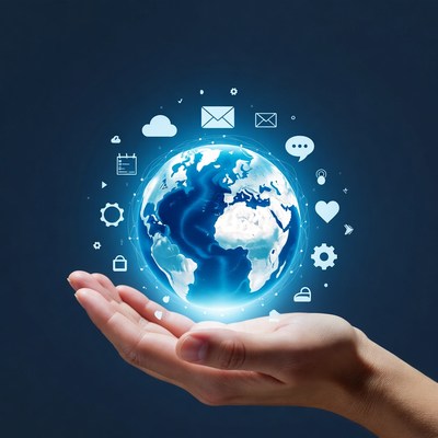 Hand Holding Glowing Earth with Digital Icons