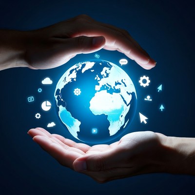 Hands Protecting Glowing Earth Globe