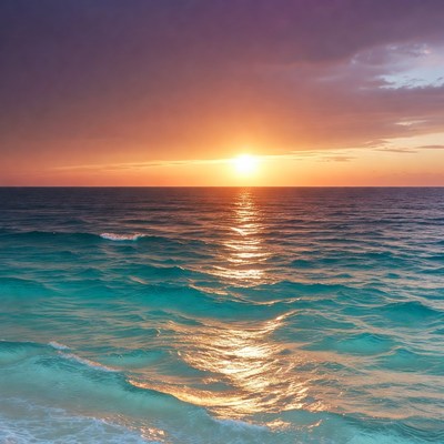 Sunset over turquoise ocean waves
