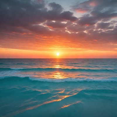 Sunset over turquoise ocean waves