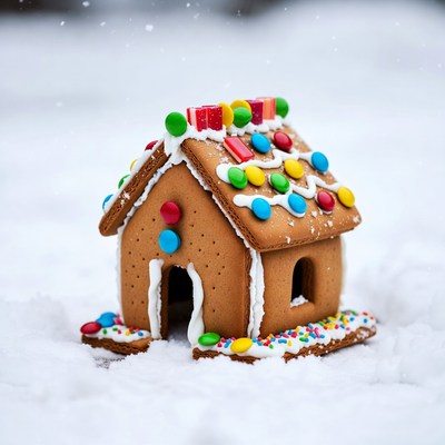 Gingerbread house in snow