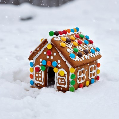 Gingerbread house in snow