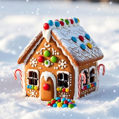 Gingerbread house in snow
