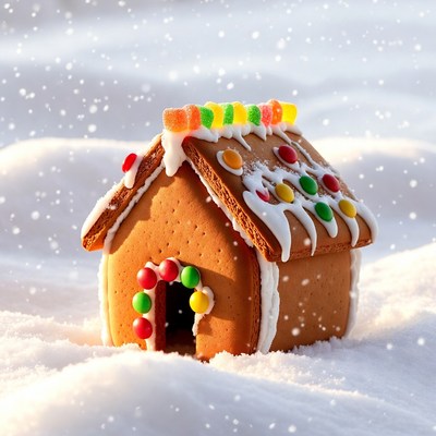 Gingerbread house in snow