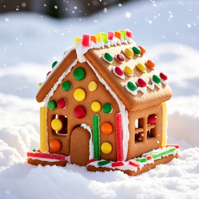 Gingerbread house in snow