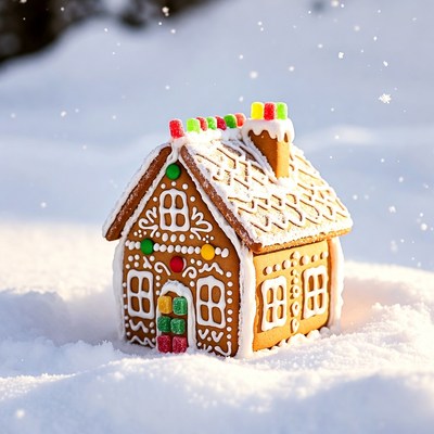 Gingerbread house in snow