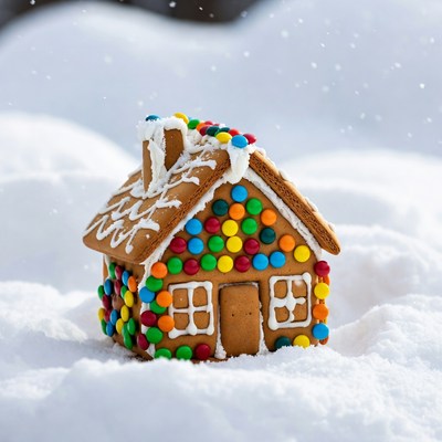 Gingerbread house in snow