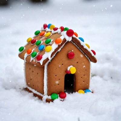 Gingerbread house in snow