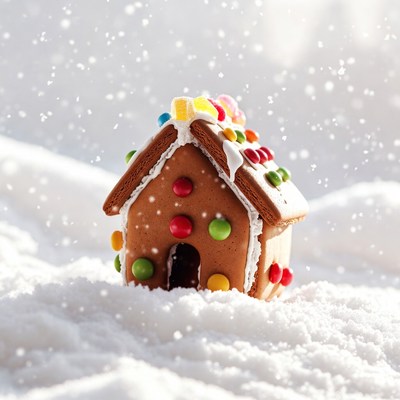 Gingerbread house in snow