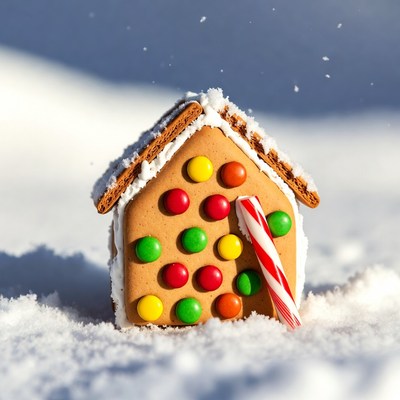 Gingerbread house in snow