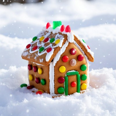 Gingerbread house in snow