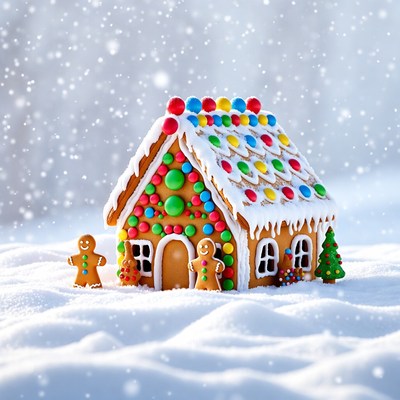 Gingerbread house with gingerbread men in snow