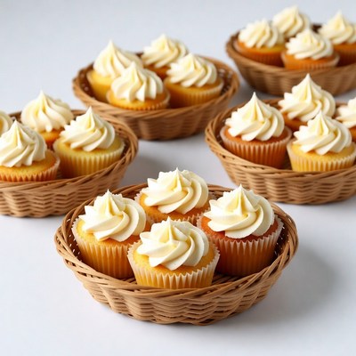 Cupcakes with White Frosting in Wicker Baskets