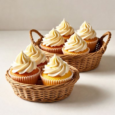 Cupcakes with White Frosting in Wicker Baskets