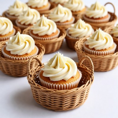 Cupcakes with white frosting in wicker baskets