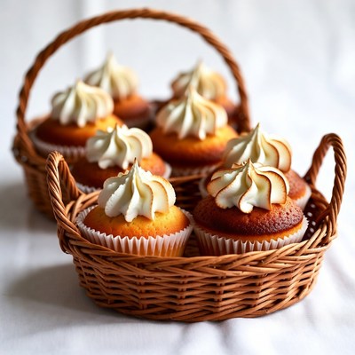 Cupcakes with Whipped Cream in Wicker Basket