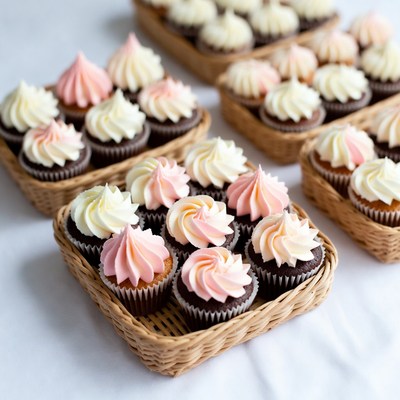 Pink and White Cupcakes in Baskets
