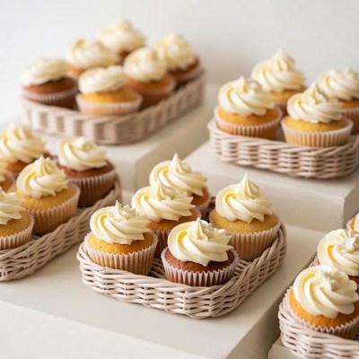 Cupcakes with White Frosting in Baskets