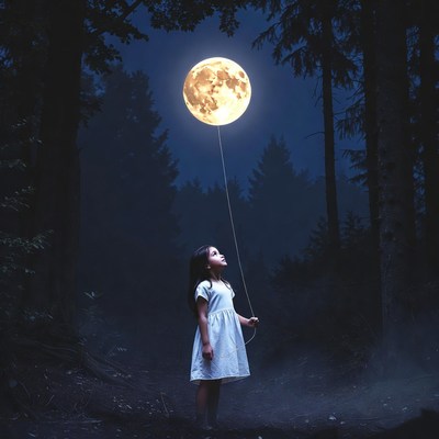 Girl holding moon balloon in forest