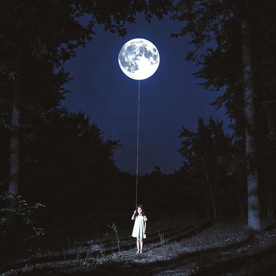 Girl holding moon balloon in forest
