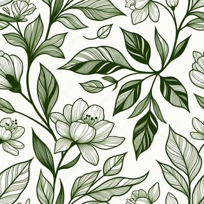 Green Floral Line Art Pattern