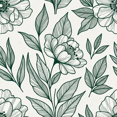 Green Line Art Peony Flowers Pattern