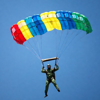 Man skydiving with rainbow parachute