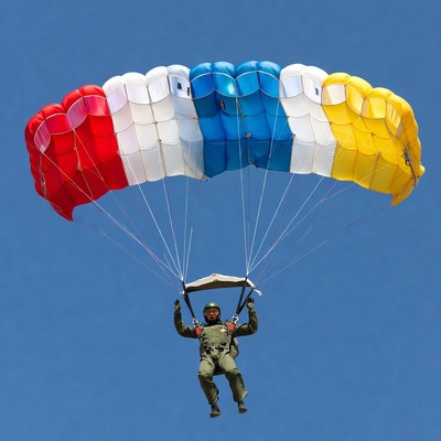 Man skydiving with colorful parachute