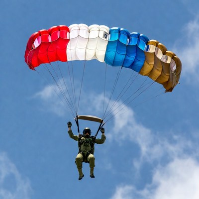 Skydiver with multicolored parachute